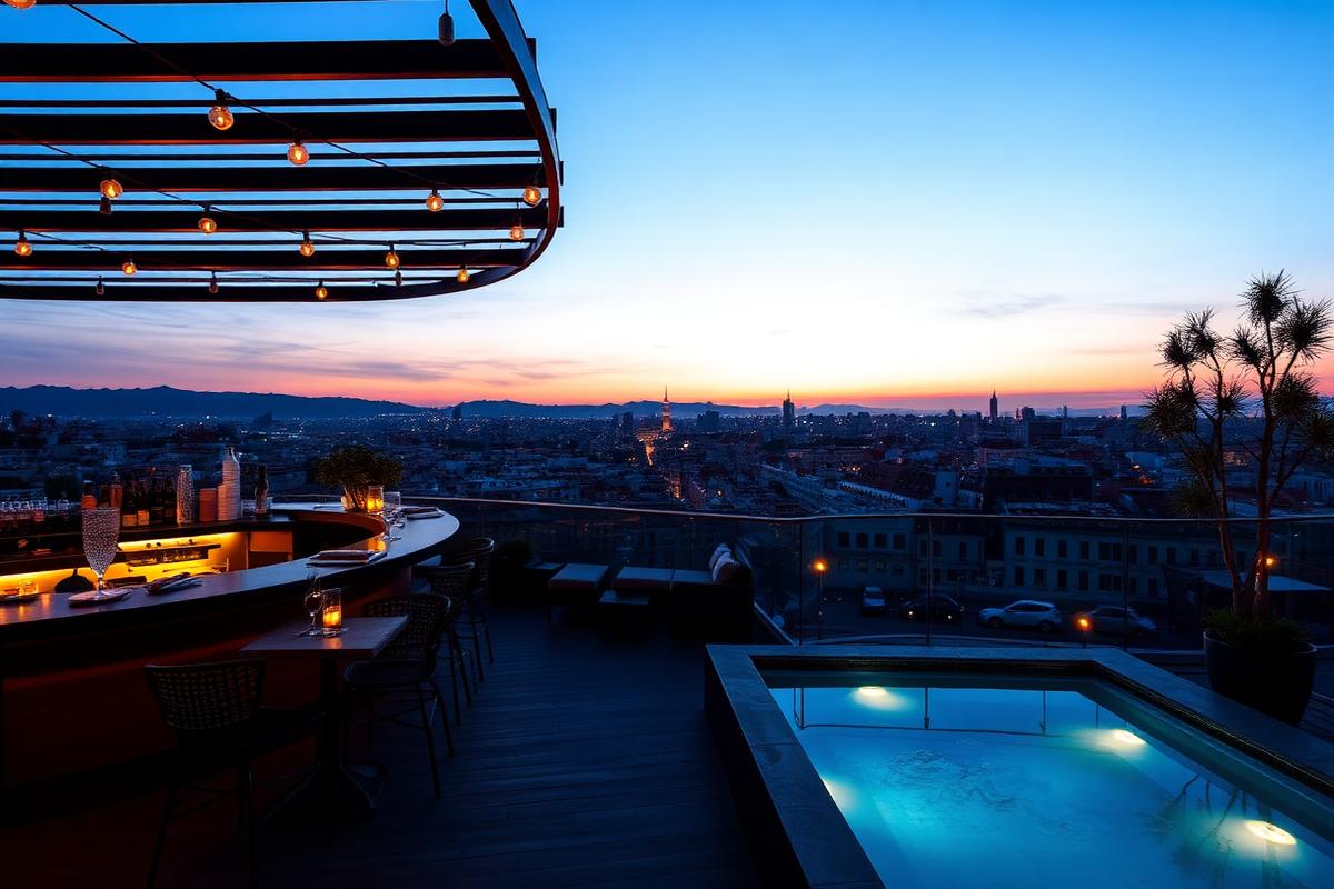 Terrasse panoramique du Raval à Barcelone à l'heure bleue