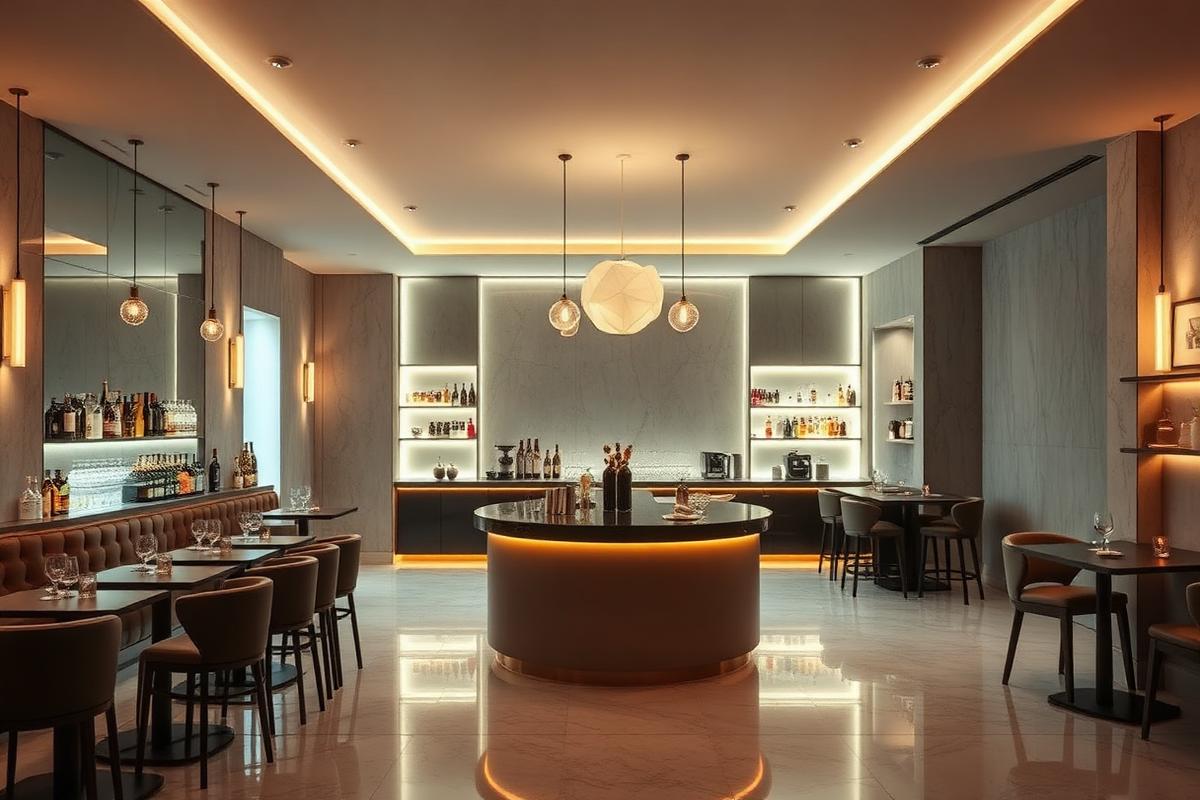 Comptoir central minimaliste d'un bar à cocktails de l'Eixample à Barcelone
