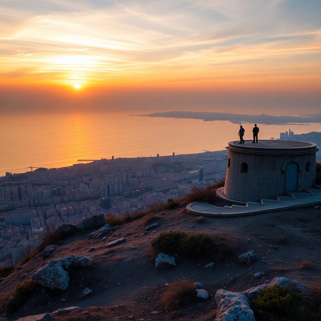 Plateforme de bunker en béton dominant Barcelone au coucher du soleil
