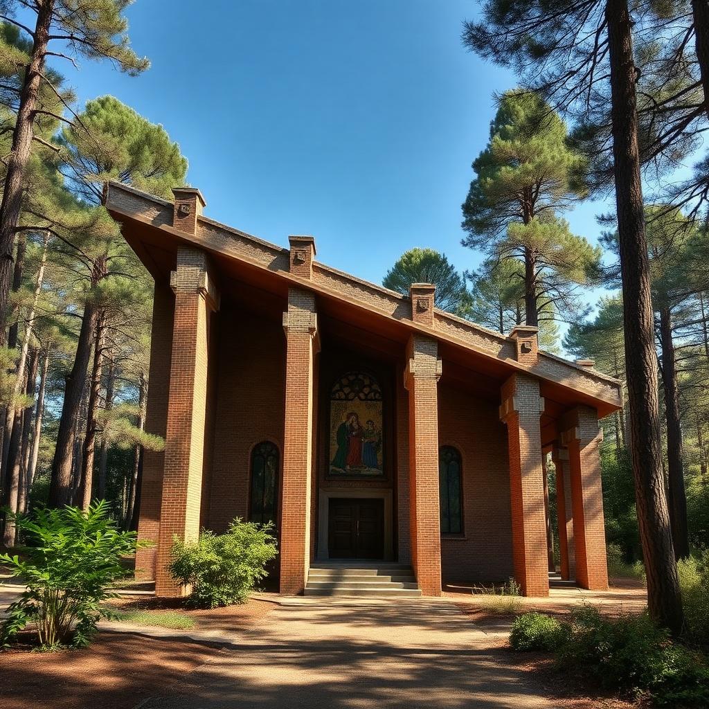 Crypte modernista de la Colònia Güell entourée de pins près de Barcelone