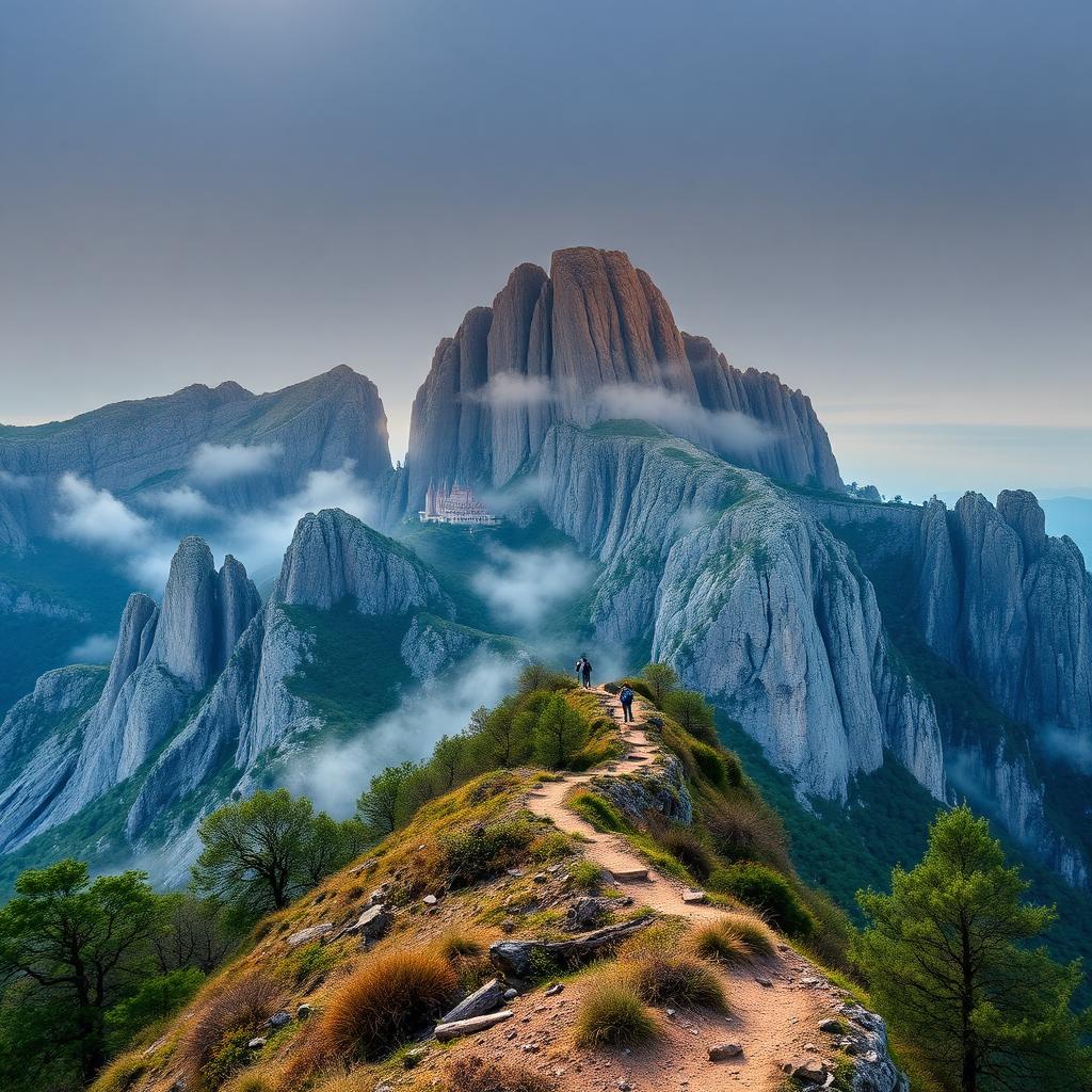 Montagne dentelée de Montserrat en Catalogne dans la brume du matin