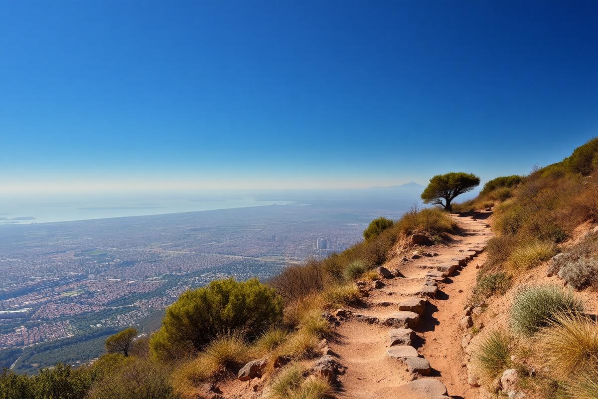 Sentier de crête du parc de Collserola dominant Barcelone et la mer