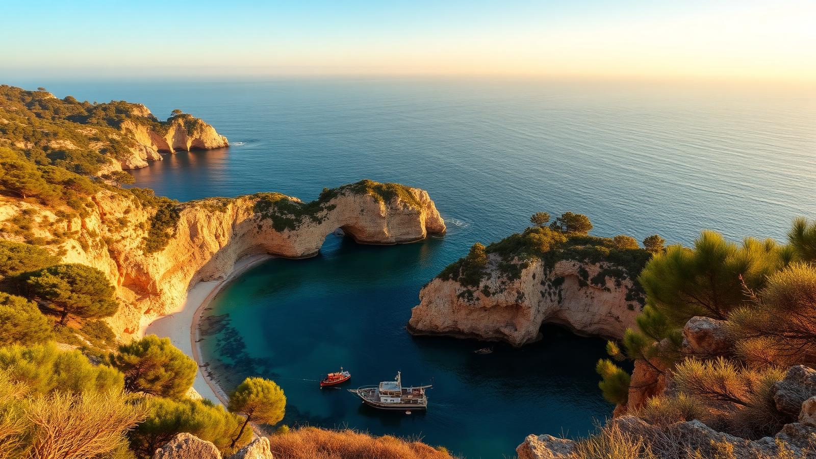 Crique turquoise de la côte catalane bordée de pins au lever du soleil