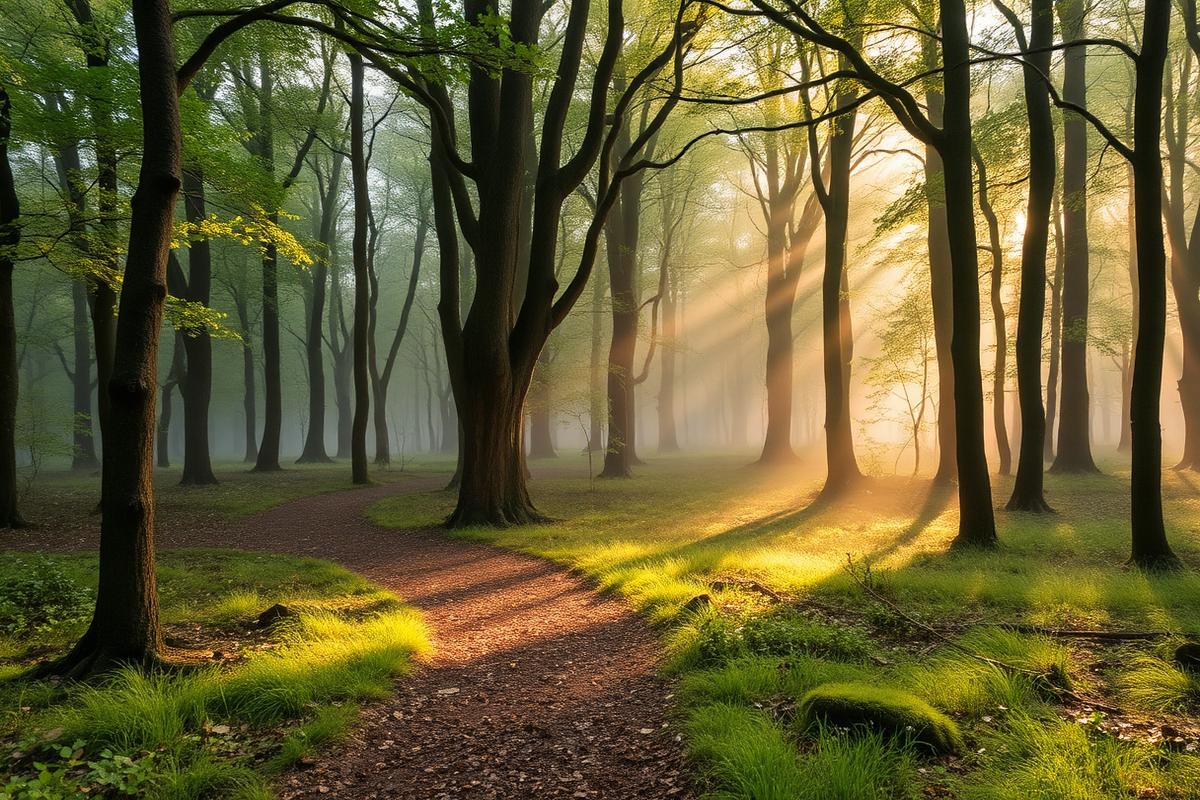 Sentier forestier brumeux du parc naturel du Montseny en Catalogne