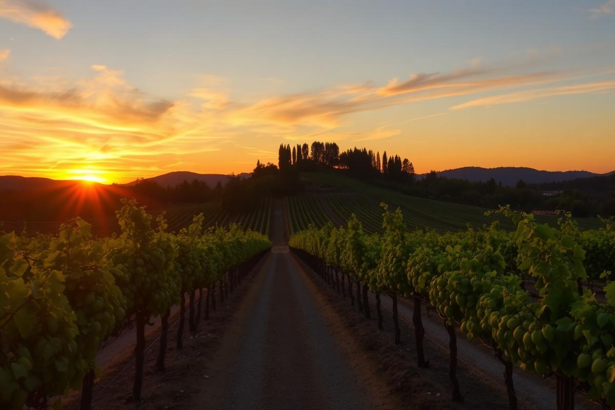 Rangs de vignes du Penedès au coucher du soleil près de Barcelone