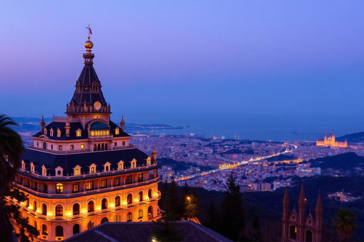 Hôtel historique du Tibidabo dominant Barcelone au crépuscule