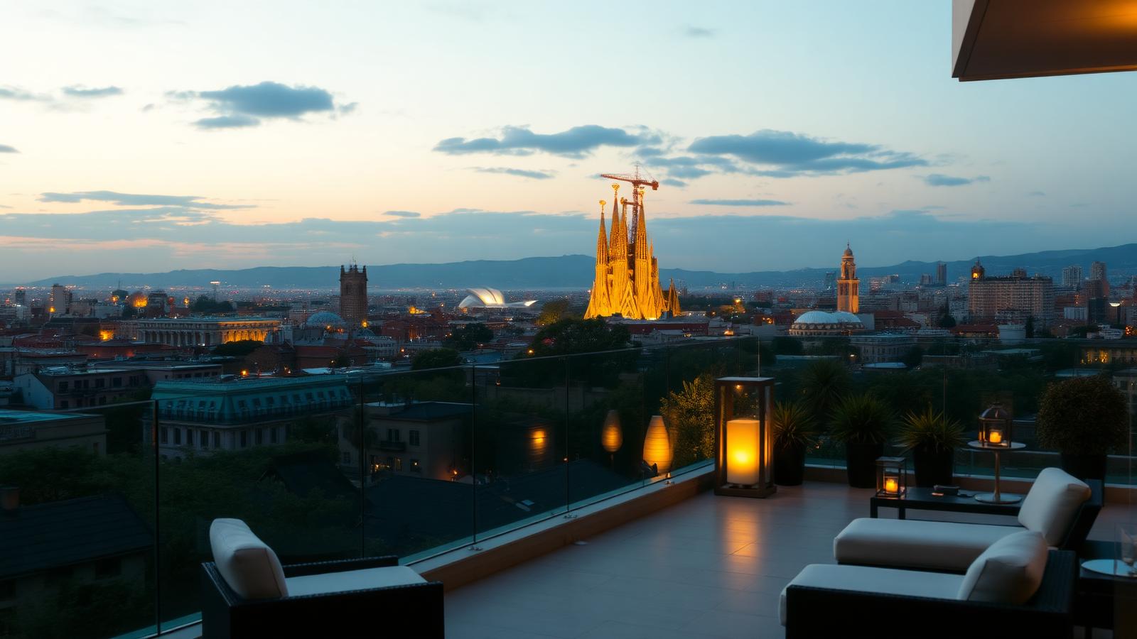 Terrasse d'hôtel barcelonais au crépuscule face à la ville illuminée