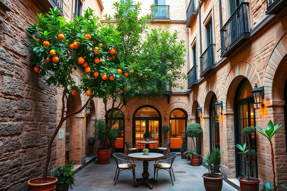 Patio d'orangers d'un hôtel de charme du quartier gothique de Barcelone