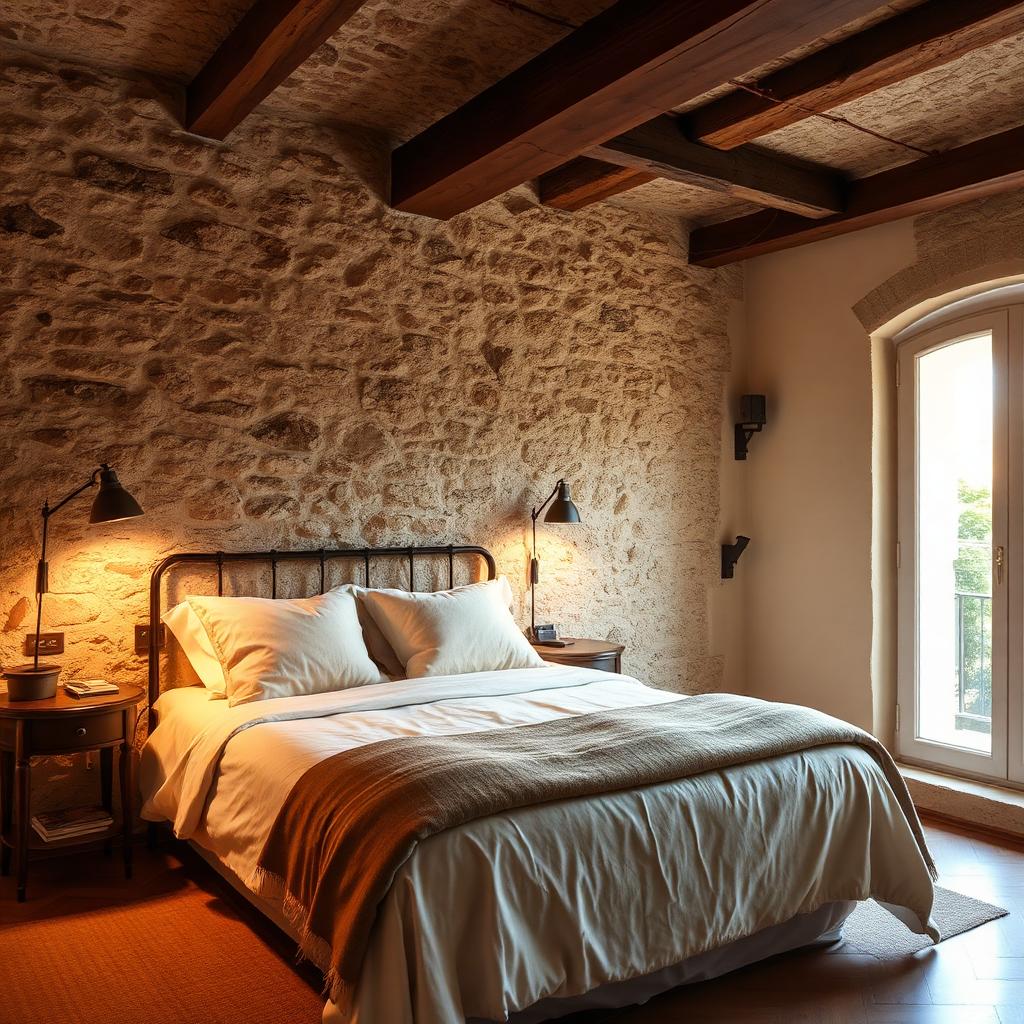 Chambre d'hôtes du Born à Barcelone, mur de pierre apparente et poutres médiévales