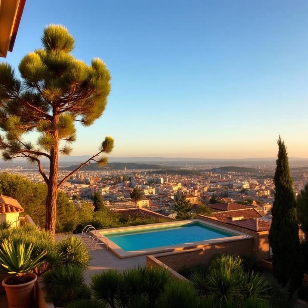 Terrasse d'une villa privée sur la colline de Montjuïc à Barcelone au coucher du soleil