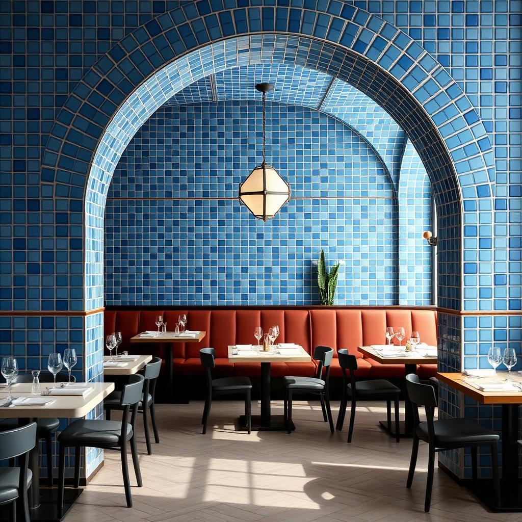 Salle d'un restaurant gastronomique de l'Eixample à Barcelone, arche de céramique bleue
