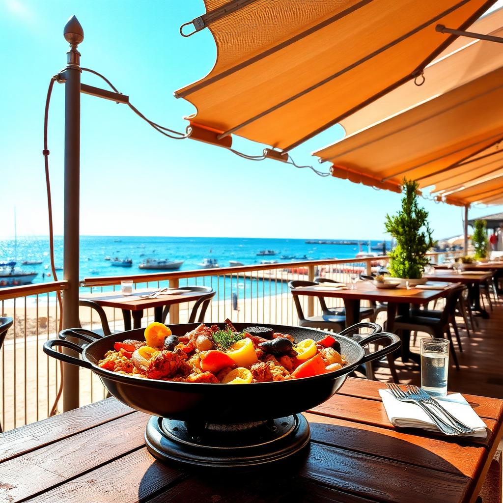 Terrasse de restaurant de bord de mer à Barcelone avec paella face à la Méditerranée