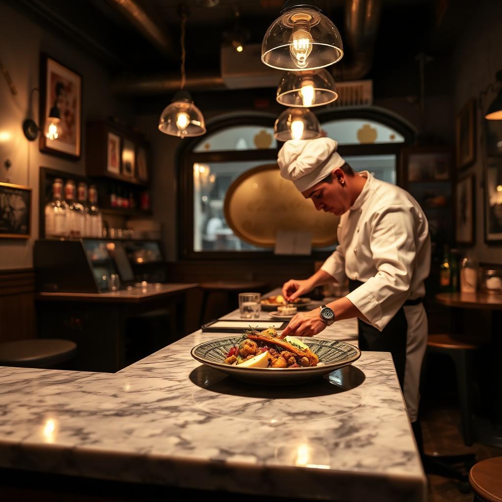 Comptoir de marbre d'un bistrot gastronomique du Raval à Barcelone