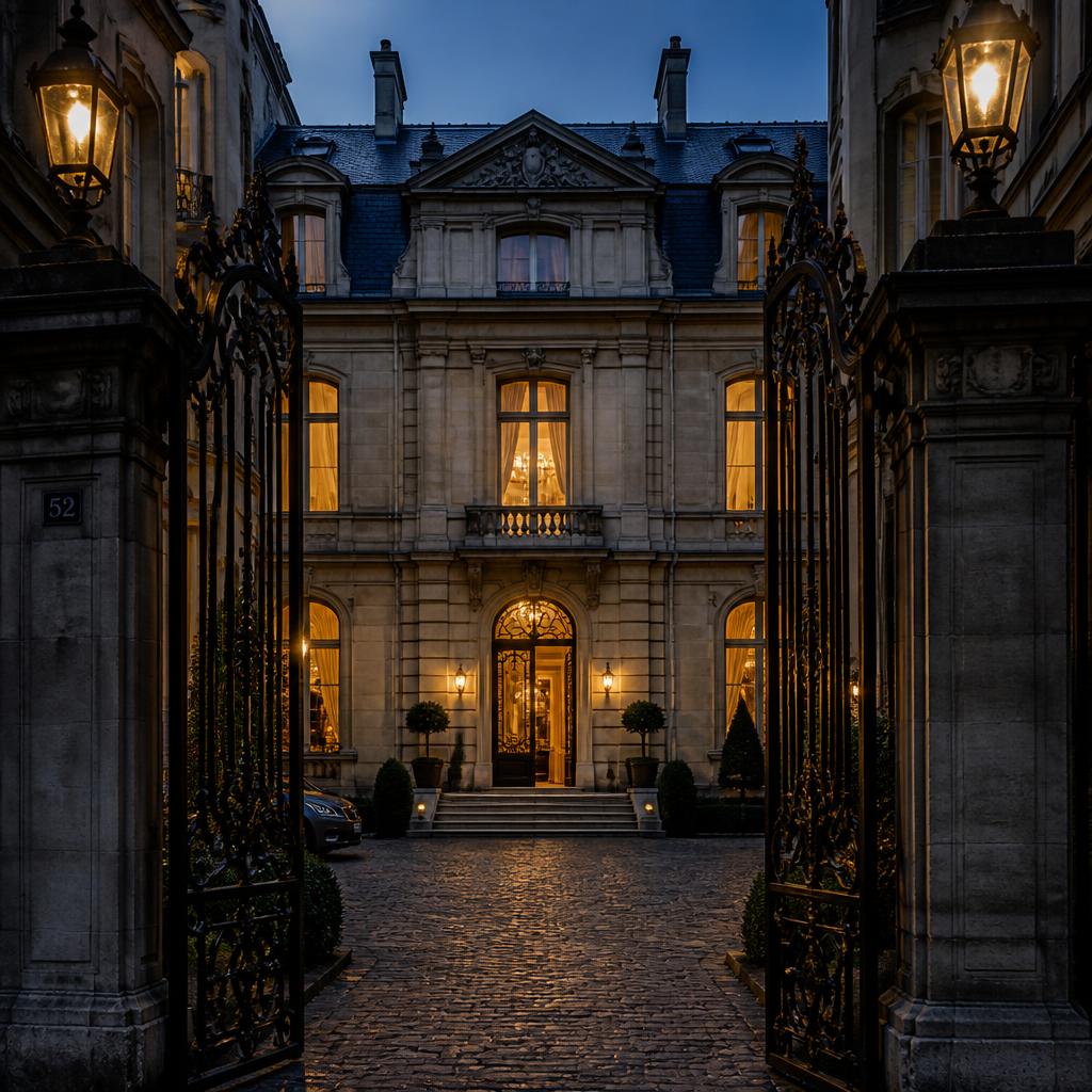 Hôtel particulier parisien derrière un portail majestueux, illuminé au crépuscule