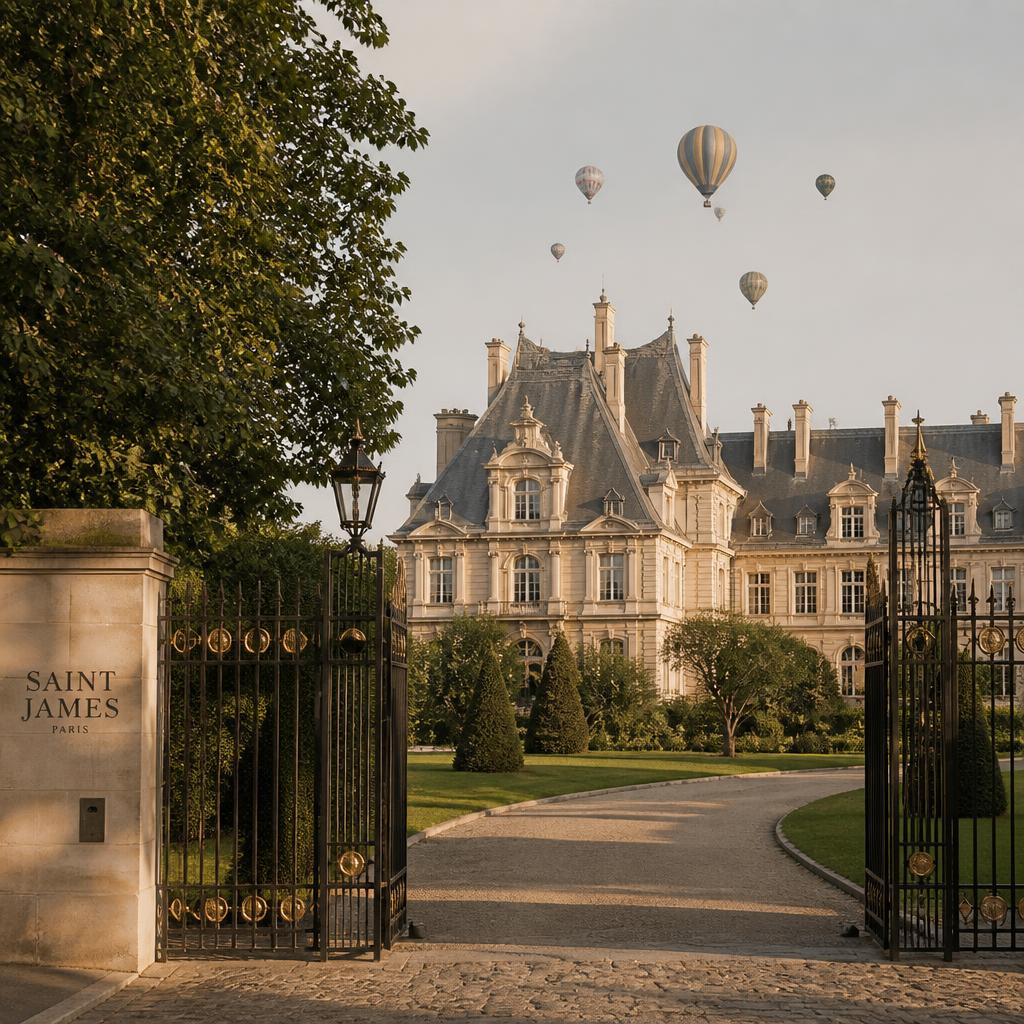 Saint James Paris, château-hôtel du 16ᵉ arrondissement derrière une grille imposante avec son parc privé et ses montgolfières