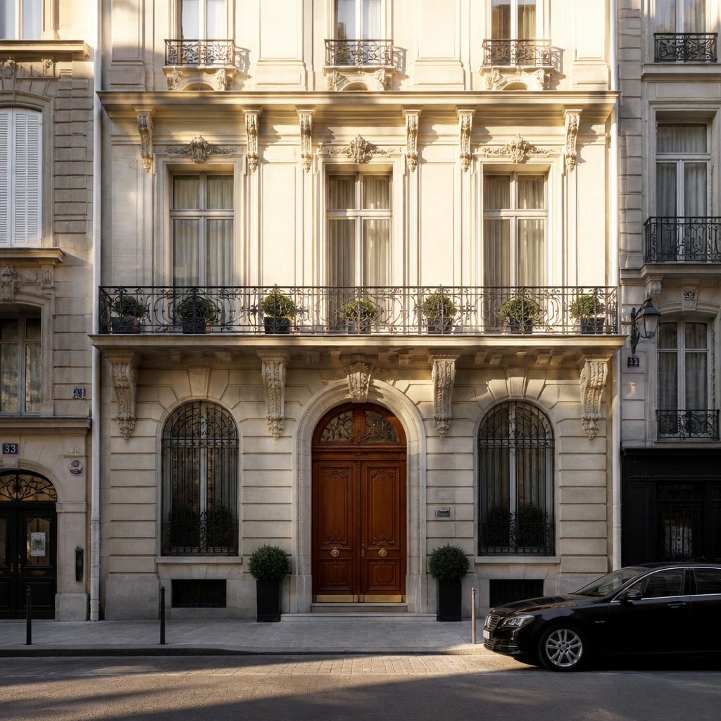 Maison Villeroy, hôtel particulier néo-classique du Triangle d'Or avec façade en pierre de taille et balcon en fer forgé