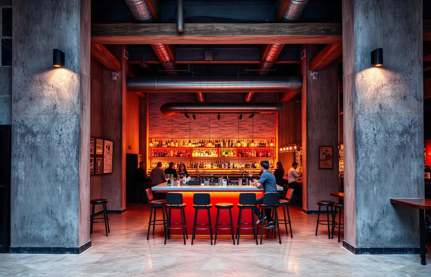 Bar installé dans un entrepôt industriel d'Al Quoz à Dubaï, béton brut et néons