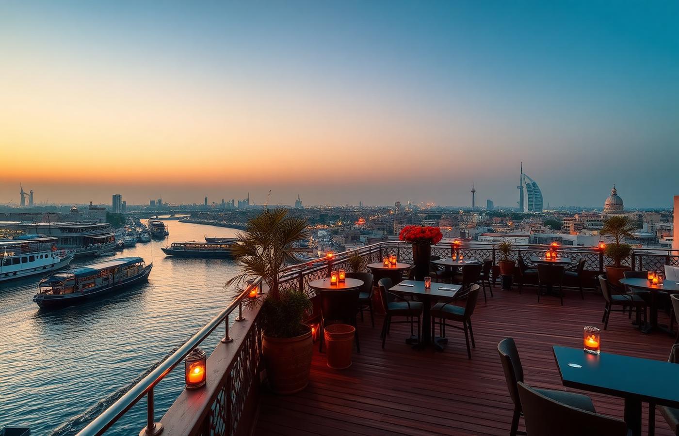 Rooftop face à la crique de Dubaï au crépuscule, lanternes et dhows amarrés