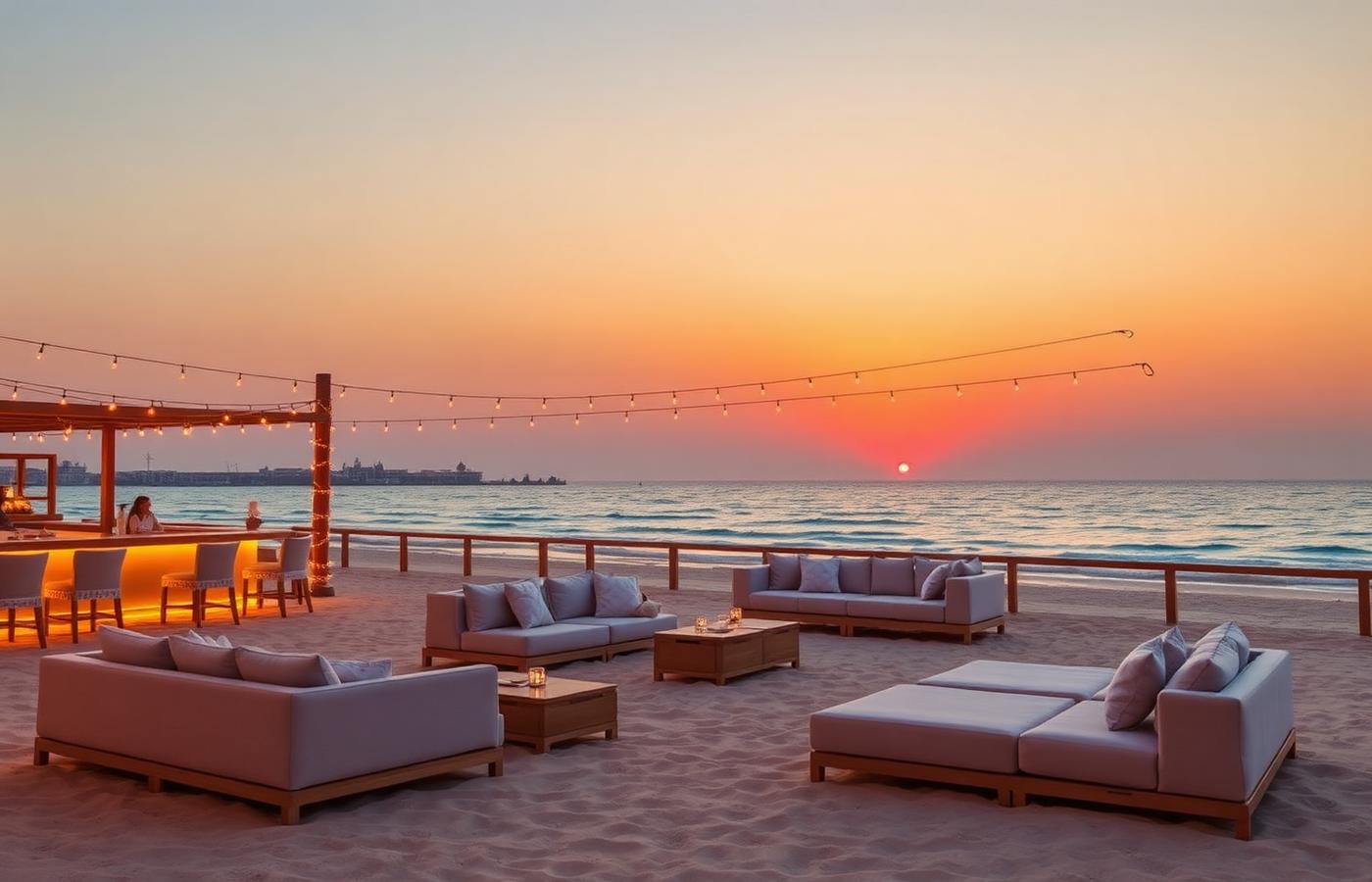 Beach club de JBR à Dubaï au coucher du soleil, canapés sur le sable et guirlandes