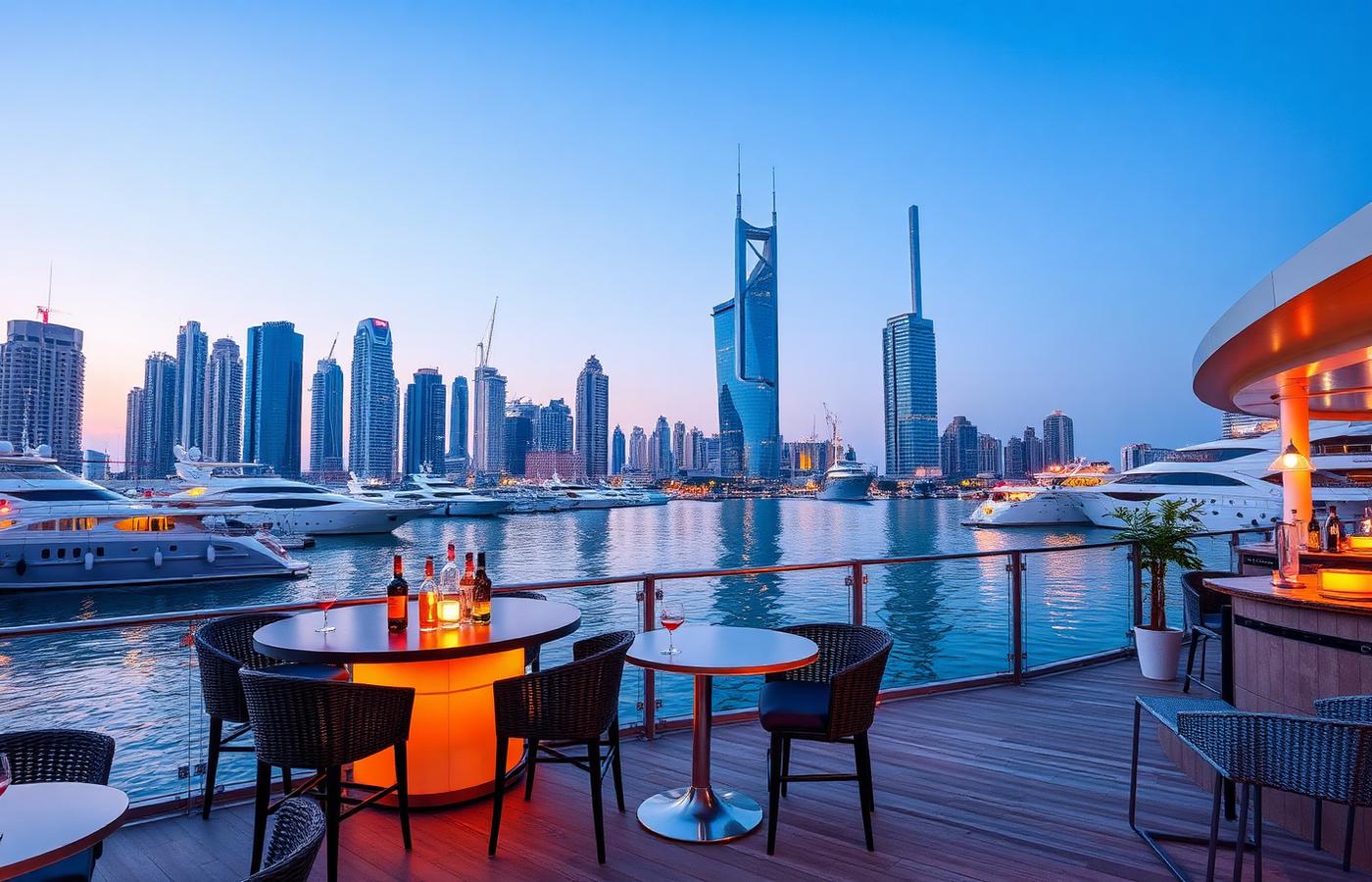 Terrasse de bar en bord d'eau à Dubai Marina à l'heure bleue, yachts et gratte-ciel