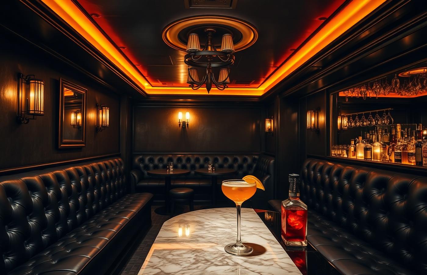 Bar speakeasy souterrain de Downtown Dubaï, banquettes de cuir et lumière ambrée