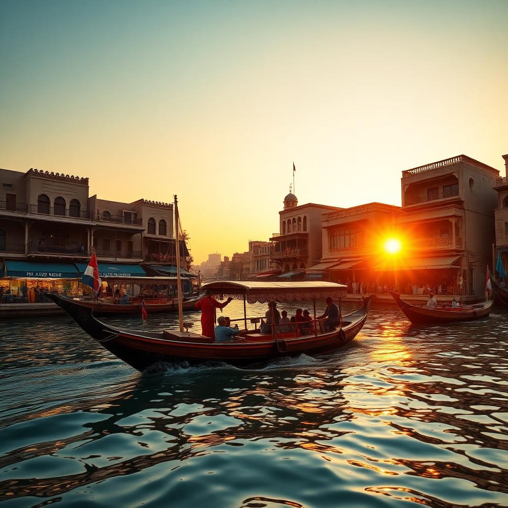 Abra en bois traversant la crique de Dubaï au coucher du soleil devant les souks