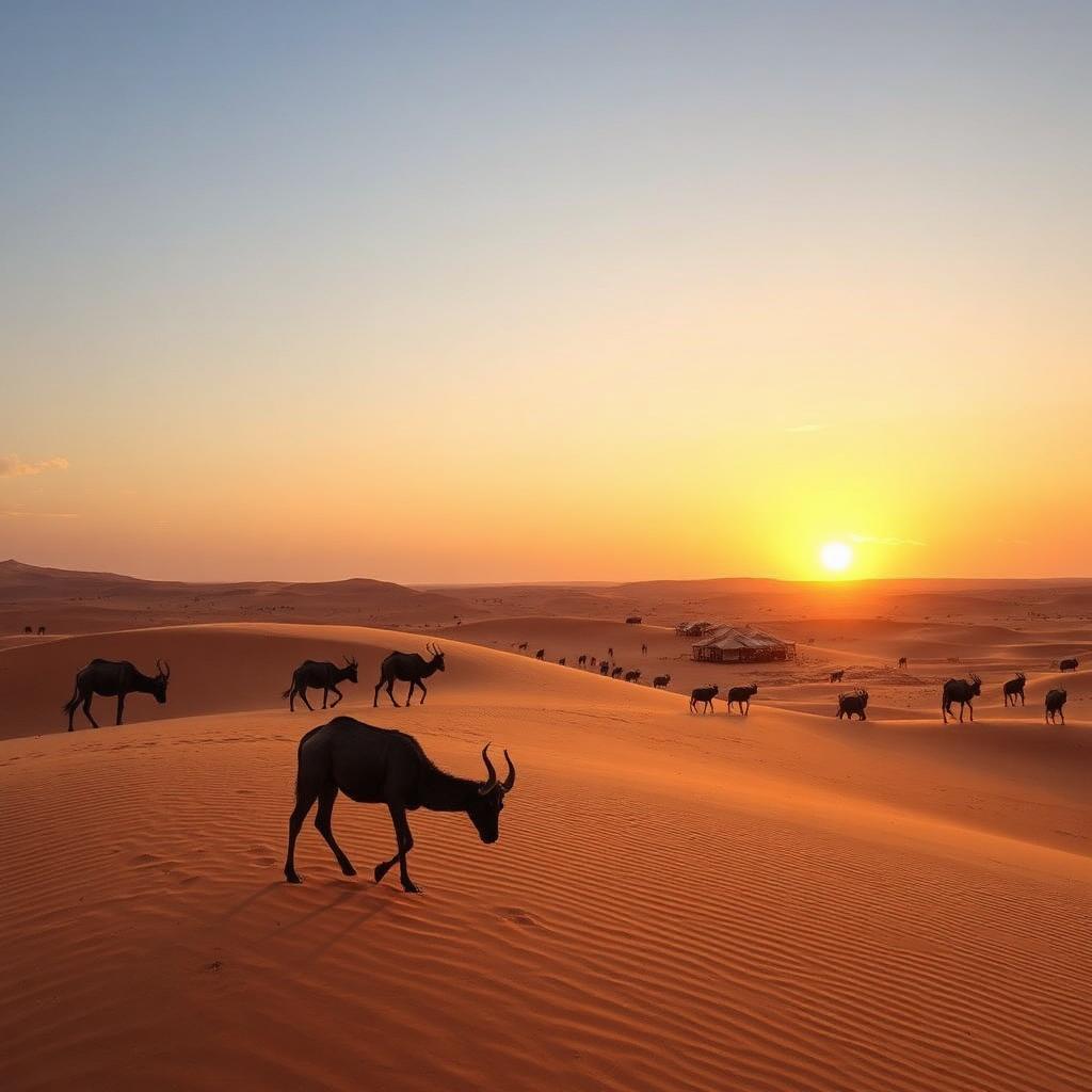 Oryx dans les dunes de la réserve désertique d'Al Marmoom au coucher du soleil
