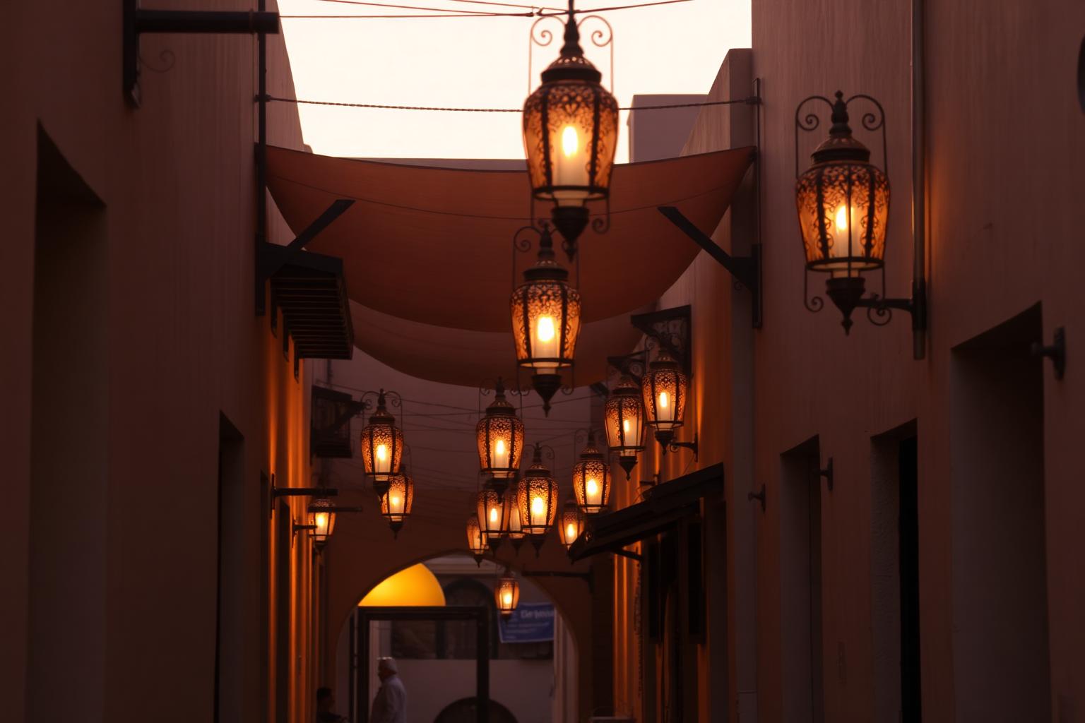Ruelle historique d'Al Fahidi à Dubaï éclairée par des lanternes au crépuscule