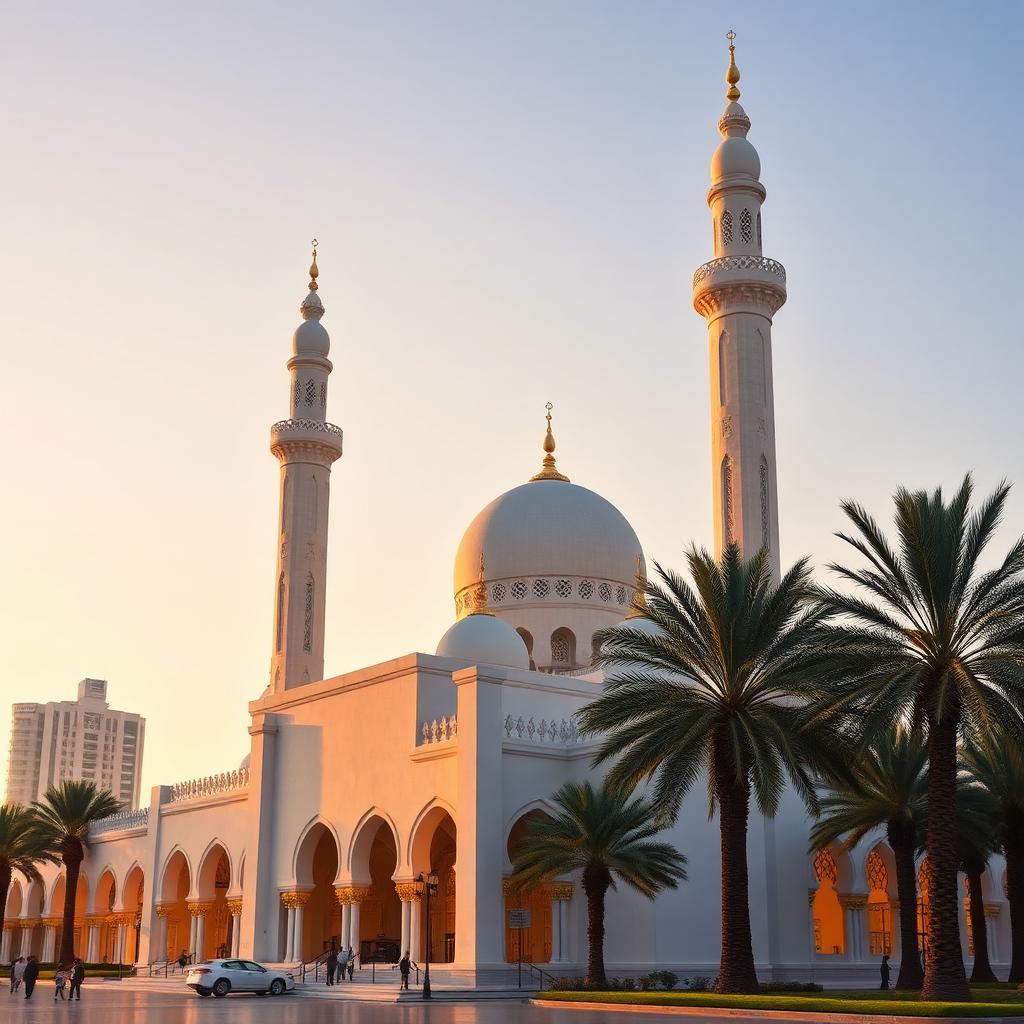 Mosquée blanche de Jumeirah à Dubaï et ses deux minarets au soleil couchant