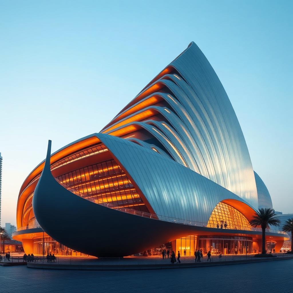 Façade en forme de boutre du Dubai Opera illuminée au crépuscule