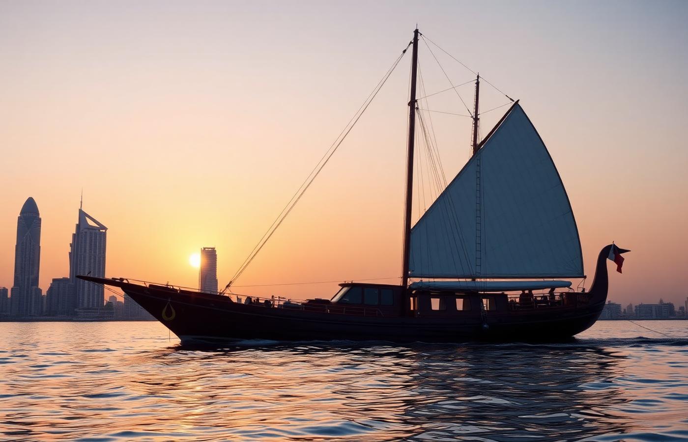 Dhow traditionnel en bois naviguant devant la côte de Dubaï au coucher du soleil