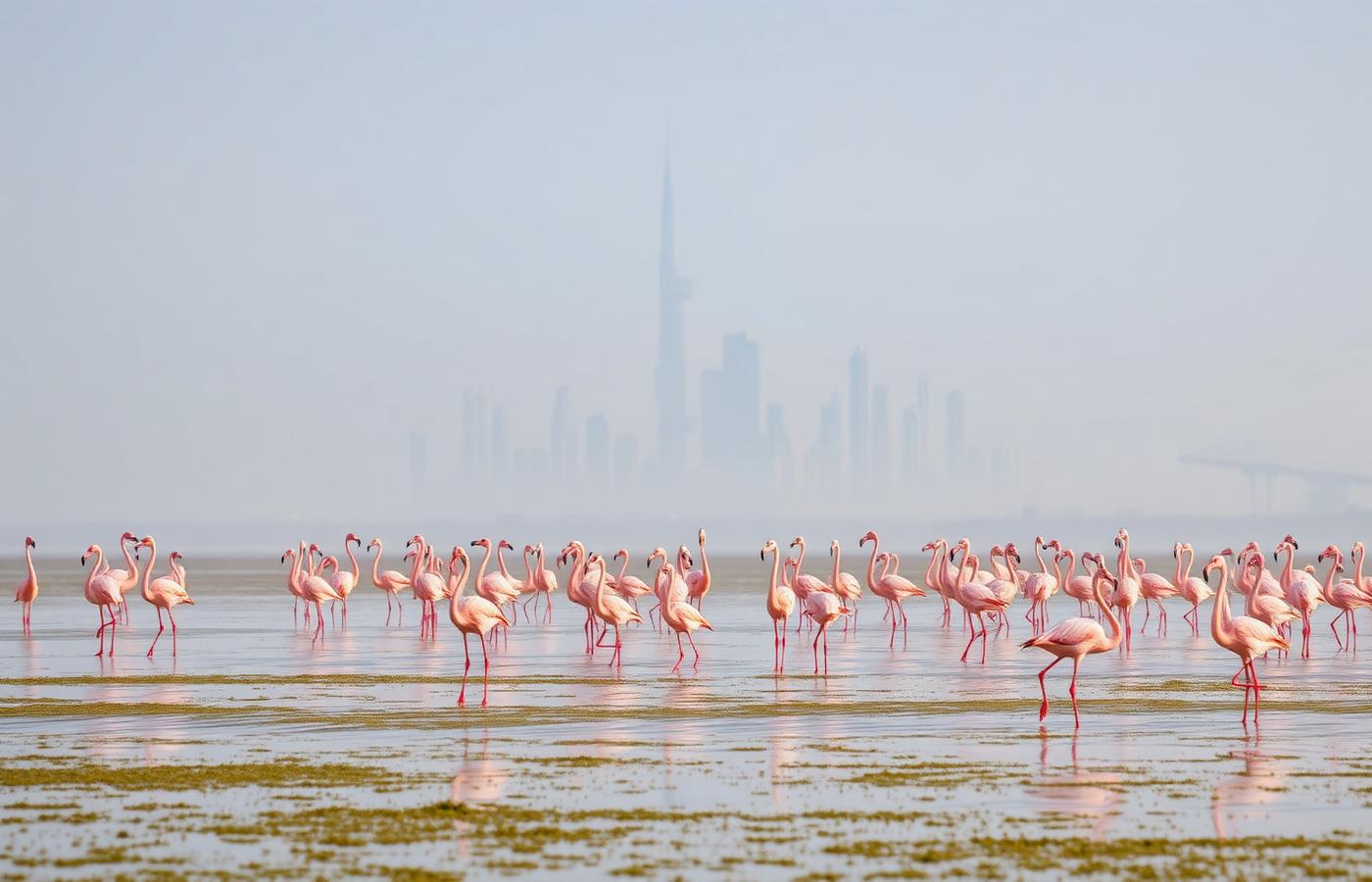 Flamants roses dans la lagune de Ras Al Khor avec la skyline de Dubaï en fond