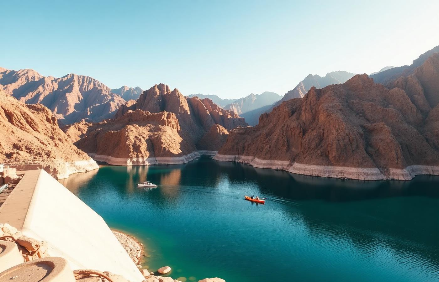 Lac turquoise du barrage de Hatta entouré de montagnes rocheuses, kayaks sur l'eau