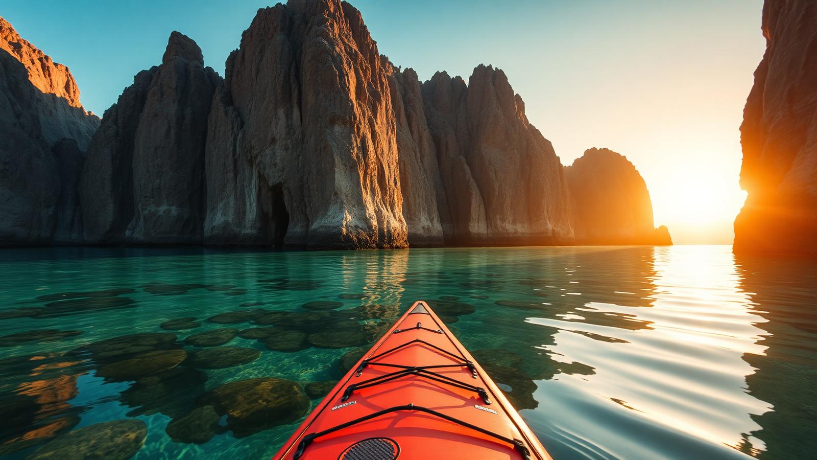 Kayak sur une eau turquoise entourée de montagnes près de Dubaï