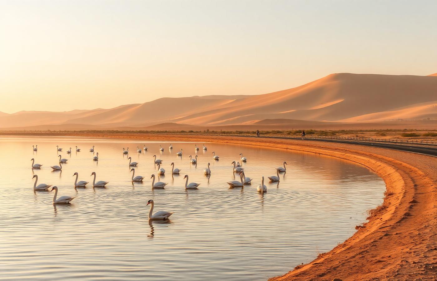Lacs artificiels d'Al Qudra au lever du soleil, cygnes sur l'eau et dunes orangées