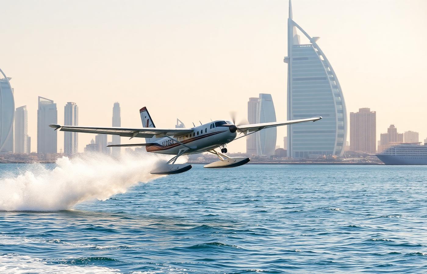 Hydravion décollant des eaux de Dubaï avec la skyline côtière en arrière-plan