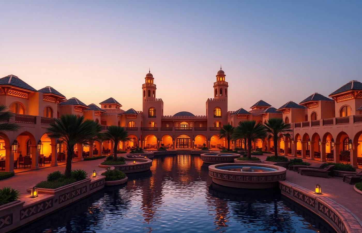 Palais hôtelier arabe illuminé au crépuscule avec canaux et palmiers à Madinat Jumeirah