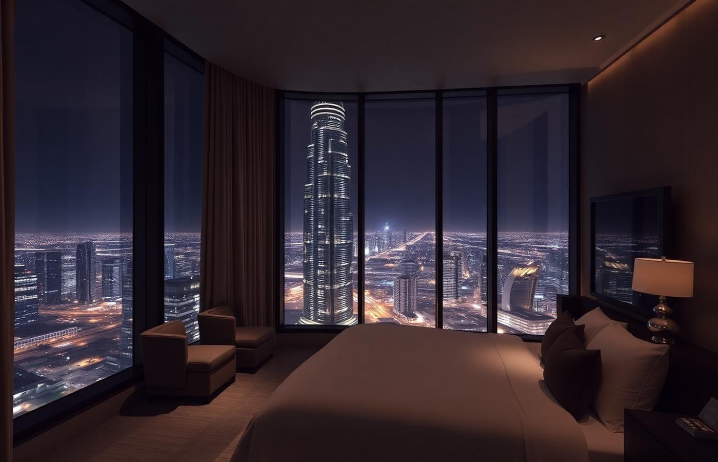 Suite d'hôtel sombre et minimaliste dans une tour de Downtown Dubaï, vue nocturne sur la ville