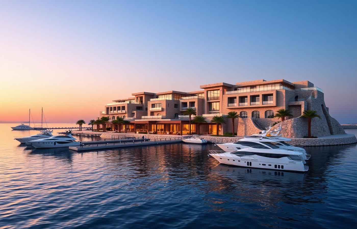 Resort de pierre italienne sur une île privée de Dubaï, marina et yachts au coucher du soleil
