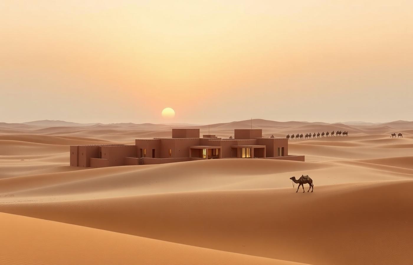 Resort de terre crue au milieu des dunes de Dubaï au lever du soleil, dromadaires au loin