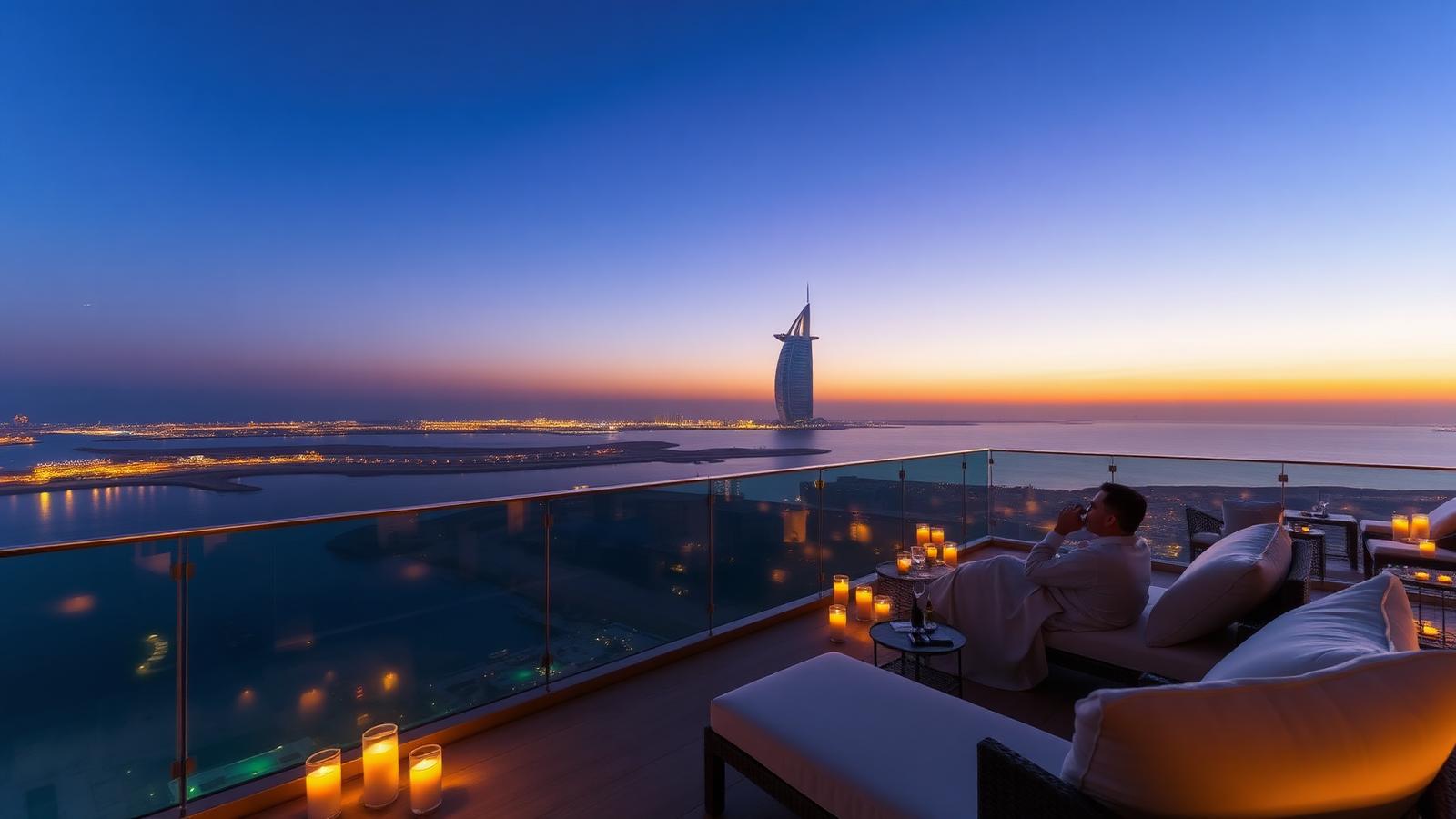 Terrasse de suite dubaïote au crépuscule avec vue sur le Golfe