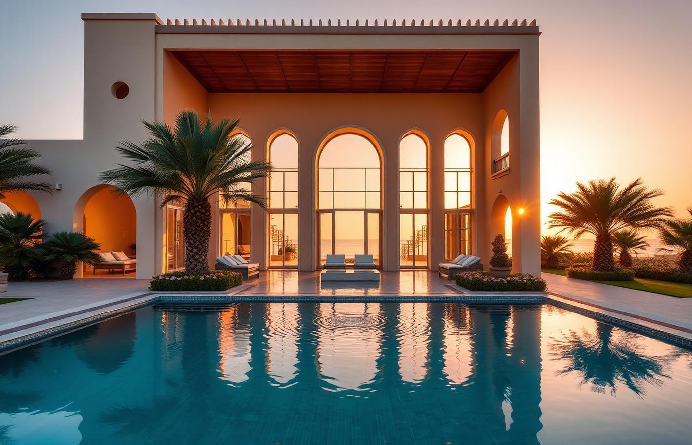 Villa de resort mauresque à Dubaï avec palmiers et piscine privée à l'heure dorée