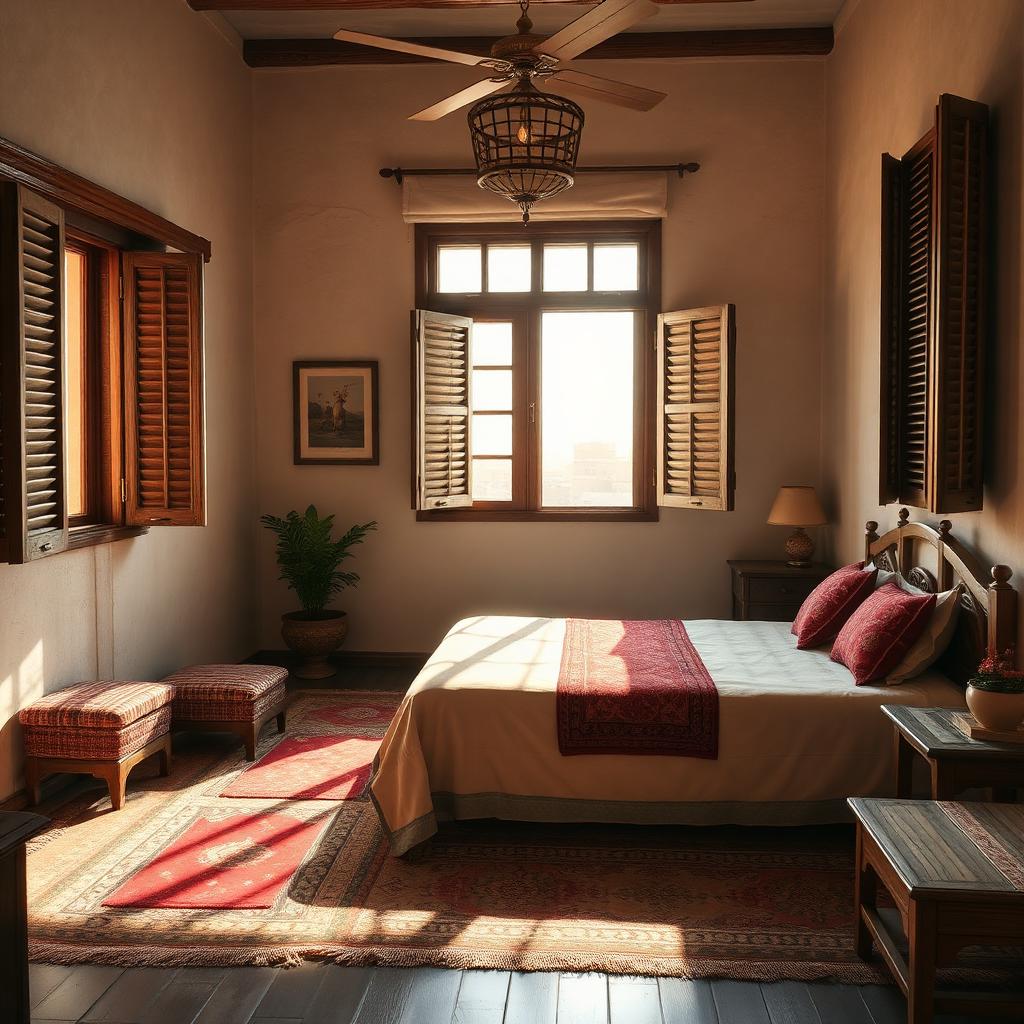 Chambre d'hôtes de Deira aux volets de bois et tapis anciens au petit matin