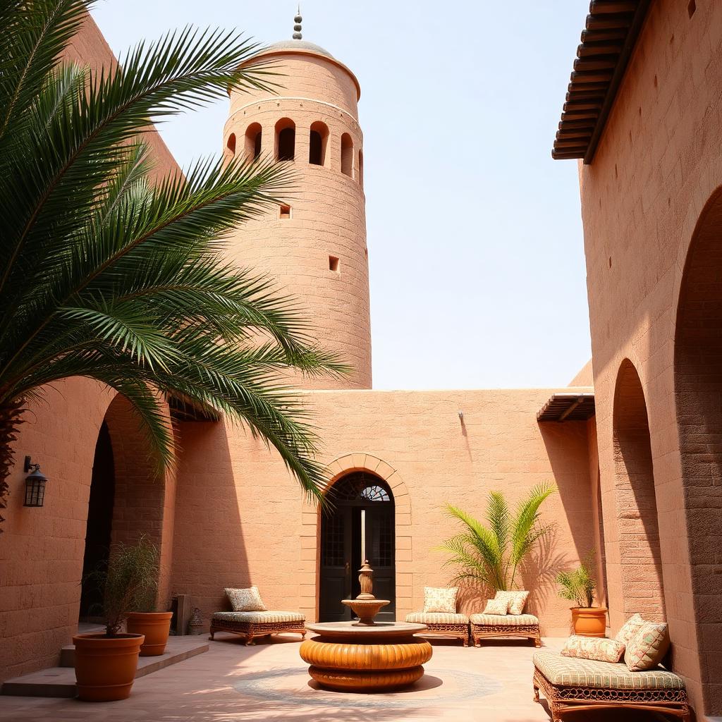 Cour intérieure d'une maison patrimoniale d'Al Fahidi avec tour à vent et palmier