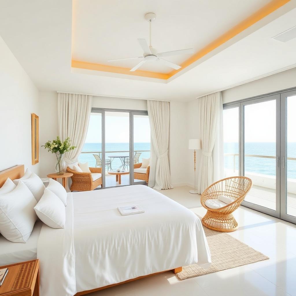 Chambre blanche lumineuse d'une villa de Jumeirah avec terrasse sur la mer