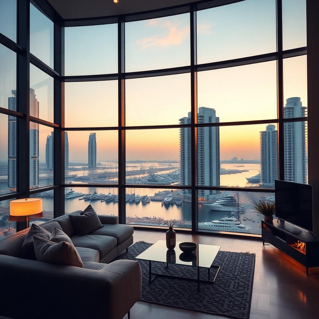 Loft avec baies vitrées panoramiques sur les tours et les yachts de Dubai Marina