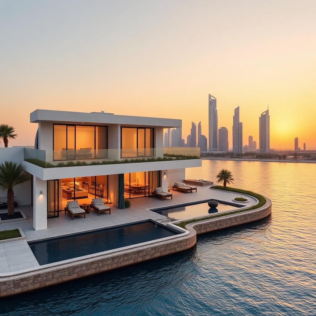 Villa contemporaine de Palm Jumeirah avec piscine face à la skyline au coucher du soleil