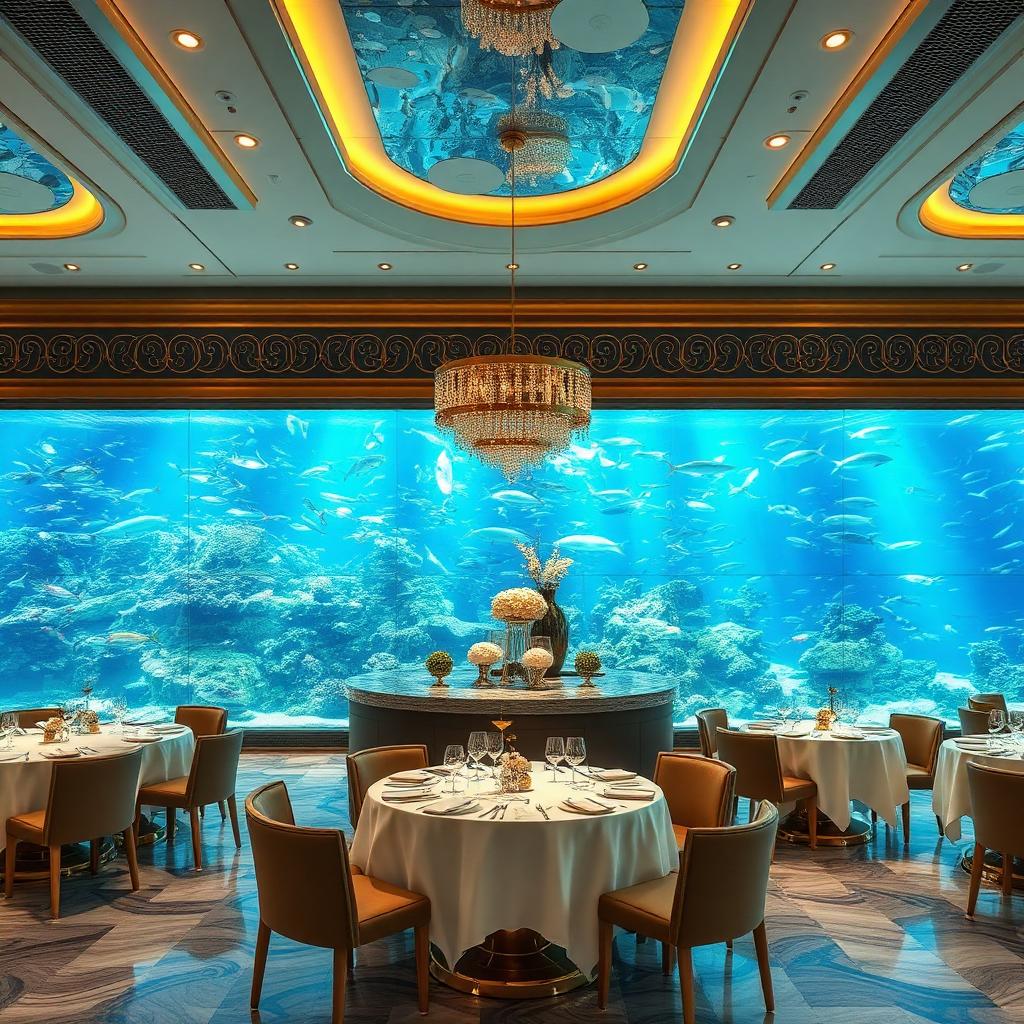 Salle dorée d'Al Mahara avec aquarium cylindrique au Burj Al Arab
