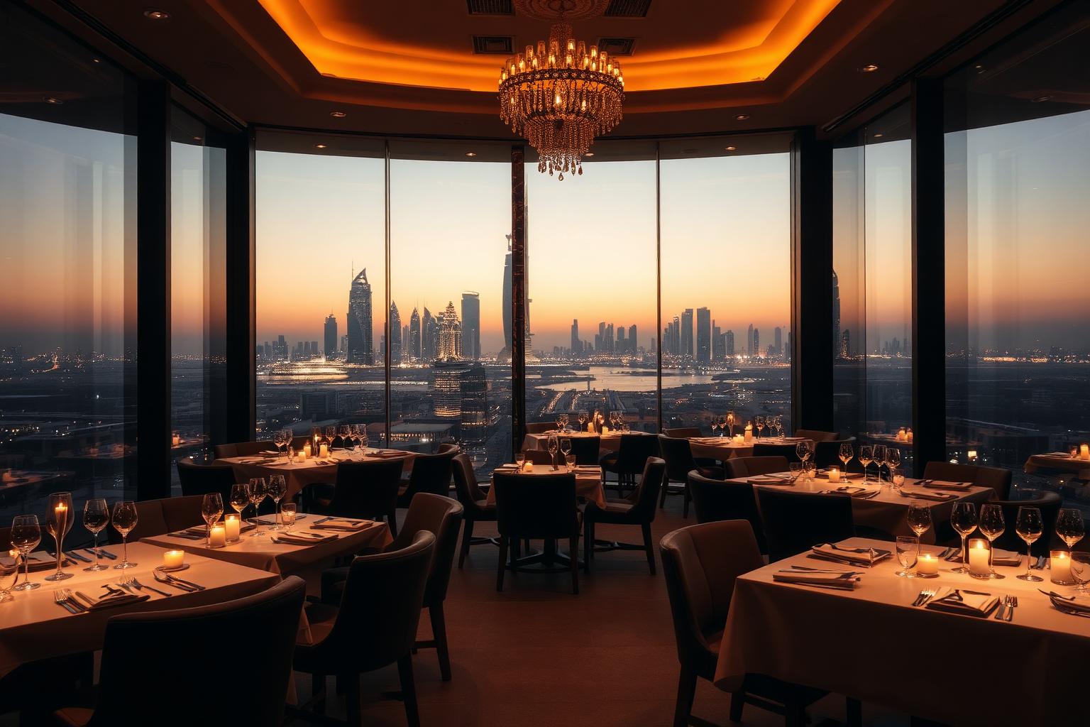 Salle de restaurant de Dubaï éclairée aux bougies face à la skyline au crépuscule