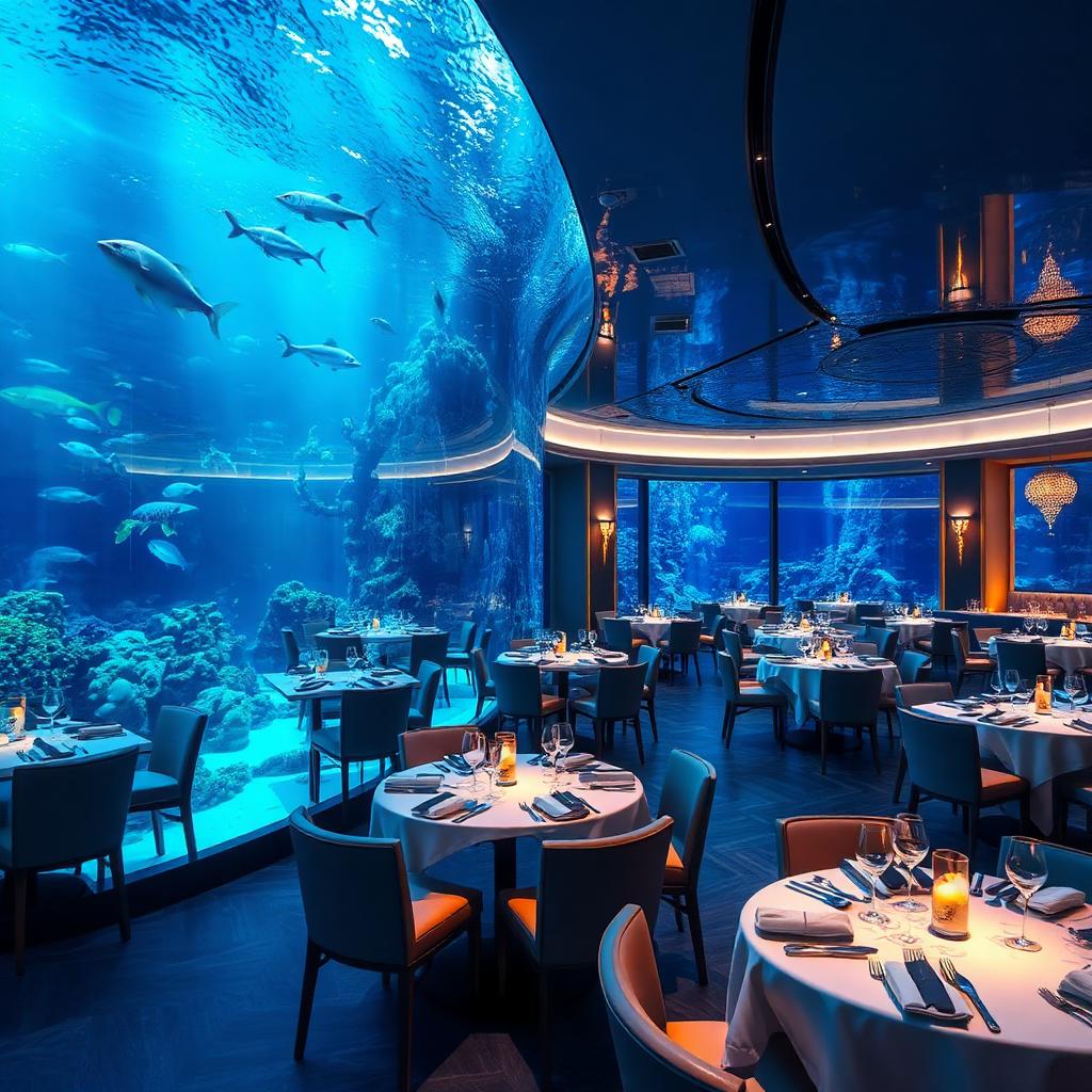 Salle sous-marine d'Ossiano à Palm Jumeirah, immense baie vitrée sur l'aquarium